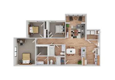 Floor Plan  A 3D floor plan of a small apartment with a kitchen, living room, and bathroom.