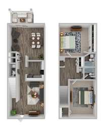 A floor plan of a two-bedroom apartment with a living room, kitchen, and bathroom.