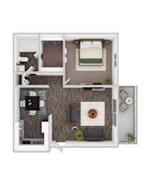 A top-down view of a small apartment with a kitchen, living room, and bedroom.