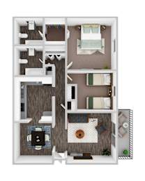 A 3D rendered image of a house layout.