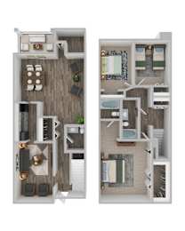 A floor plan of a two-bedroom apartment with a living room, kitchen, and bathroom.