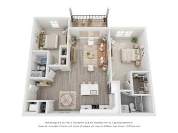 A 3D floor plan of a house with a kitchen, living room, dining room, and two bedrooms.