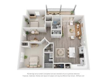 A 3D floor plan of a house with a kitchen, living room, and two bedrooms.