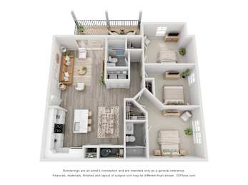 A 3D floor plan of a house with a kitchen, living room, and bathroom.