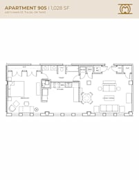 Floor Plan  Apartment 905 is a 1,028 square foot apartment located on 420 S Main St, Tulsa, OK 74103.