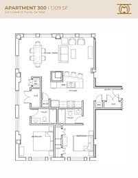 Floor Plan  Apartment 300 has two bedrooms and a living room.