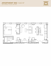 Floor Plan  Apartment 302 floor plan with a kitchen, living room, and bedroom.