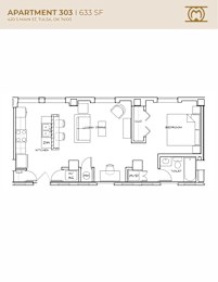 Floor Plan  Apartment 303 floor plan with kitchen, living room, and bedroom.