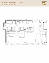 Floor Plan  Apartment 706 is a 692 square foot apartment located on 420 5 Main St, Tulsa, OK 74103.