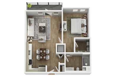 A modern 3d floor plan of a 1 bedroom 1 bathroom apartment with furnitures.