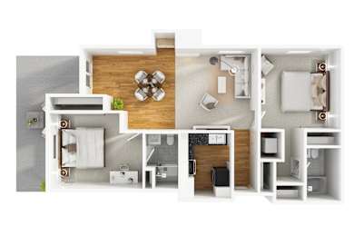 A modern 3D floor plan of a 2 bedroom 2 bath apartment with furnitures.