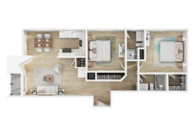 A modern 3d floor plan of a 2 bedroom 2 bathroom apartment with furnitures at 10910 Wellworth, Los Angeles, CA.