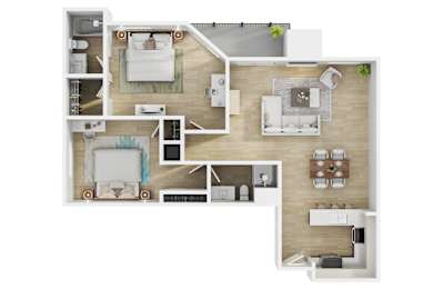 A modern 3d floor plan of a 2 bedroom 2 bathroom apartment with furnitures at 10910 Wellworth, Los Angeles, CA.