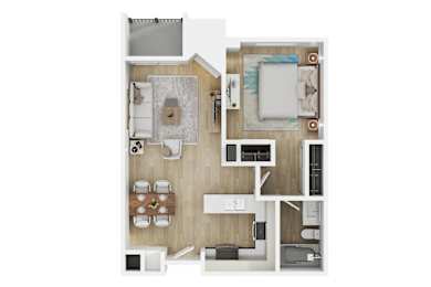 A modern 3d floor plan of a 1 bedroom 1 bathroom apartment with furnitures at 10910 Wellworth, Los Angeles, CA.