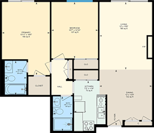 A floor plan of an apartment with a living room, two bedrooms, two bathrooms, a kitchen, and dining area.