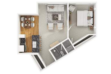A modern 3D floor plan of a 1 bedroom 1 bathroom apartment with furnitures.