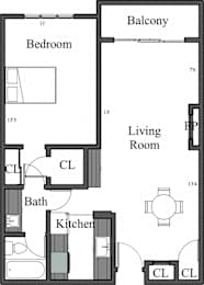 A floor plan of an apartment with a bedroom, living room, kitchen, balcony and bathroom.