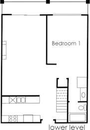 A floor plan of the lower level of a 2 bedroom penthouse loft apartment.