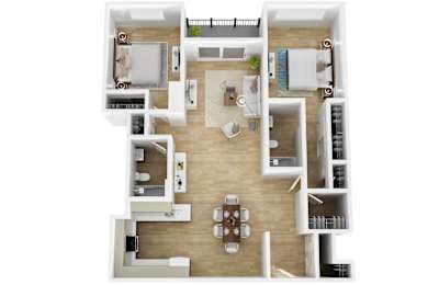 A modern 3d floor plan of a 2 bedroom 2 bathroom apartment with furnitures at 12110 Rochester, Los Angeles, CA.
