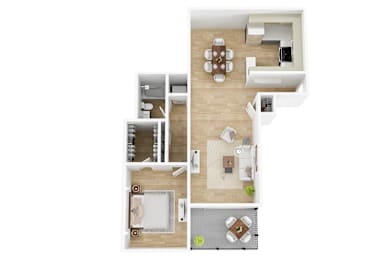 A modern 3d floor plan of a 1 bedroom 1 bathroom apartment with furnitures at 12110 Rochester, Los Angeles, CA.