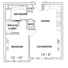 A floor plan of an apartment with a bedroom, living room, and bathroom.