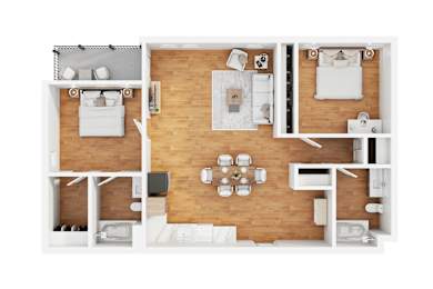 A modern 3d floor plan of a 2 bedroom 2 bathroom apartment with furnitures.