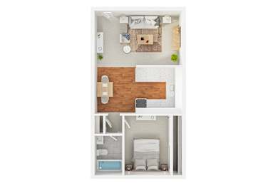 Modern 3D floor plan of a 1 bedroom 1 bath apartment with furnitures at 860 South Wooser, Los Angeles, CA
