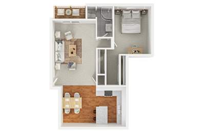 Modern 3D floor plan of a 1 bedroom 1 bath apartment with furnitures at 860 South Wooser, Los Angeles, CA