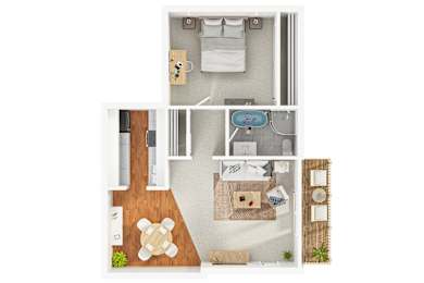 Modern 3D floor plan of a 1 bedroom 1 bath apartment with furnitures at 860 South Wooser, Los Angeles, CA