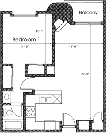 1 bed 1 bath X07 Floor Plan at Midvale Court, Los Angeles, California