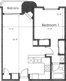 1 bed 1 bath X12 Floor Plan at Midvale Court, Los Angeles, California