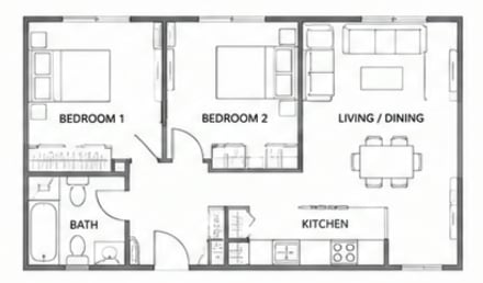 Floor Plan  A black and white image of a floor plan for a house with two bedrooms, a living/dining area, a kitchen, and a bathroom.