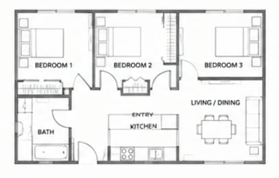 Floor Plan  A black and white image of a floor plan for a house with three bedrooms, a bathroom, an entry kitchen, and a living/dining area.