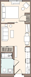 Floor Plan  A floor plan of a house with a kitchen, living room, and bathroom.