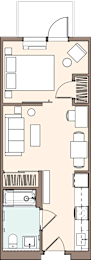 Floor Plan  A floor plan of a house with a kitchen, living room, dining room, and bathrooms.
