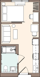 Floor Plan  A floor plan of a room with a kitchen, living room, and bathroom.