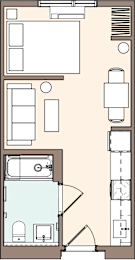 Floor Plan  A floor plan of a room with a kitchen, living room, and bathroom.