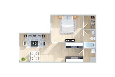 A floor plan of a house with a kitchen, living room, and bathroom.
