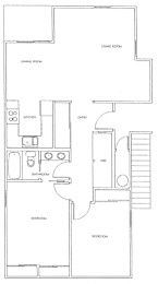 A black and white image of a floor plan for a house with a living room, dining room, kitchen, bathroom, and bedroom.