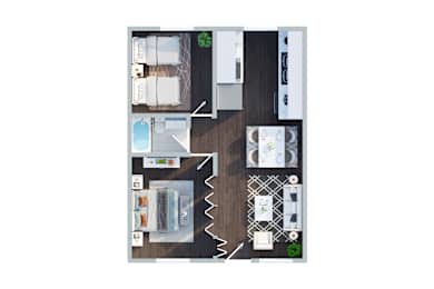 A top down view of a kitchen with a dining table and chairs.