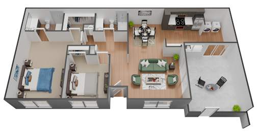 A 3D floor plan of a house showing a kitchen, living room, dining room, and bathrooms.