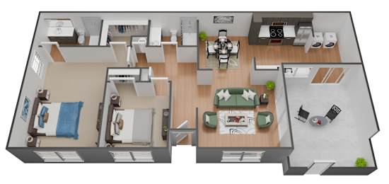 A top-down view of a two-story apartment with a living room, kitchen, and bedrooms.