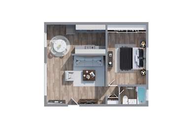 A top-down view of a small apartment with a kitchen, living room, and bathroom at Sylvan Gardens,Van Nuys,CA,91401
