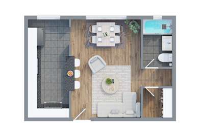 A top-down view of a modern living room with a kitchen area.