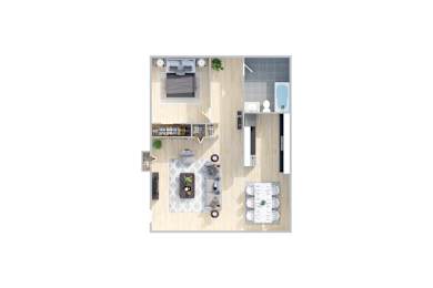 A top-down view of a kitchen with a dining table and chairs.