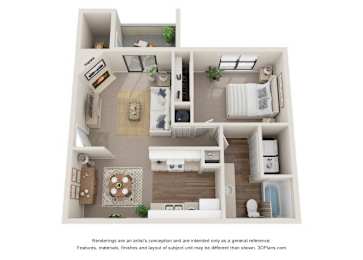 A 3D floor plan of a small apartment with a kitchen, living room, and bathroom.