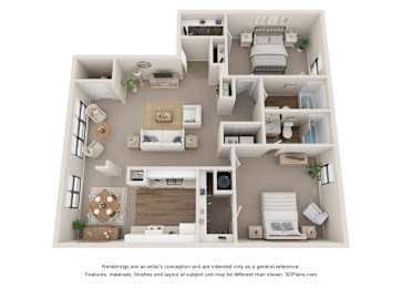 A 3D floor plan of a house with a living room, kitchen, dining room, and bedrooms.