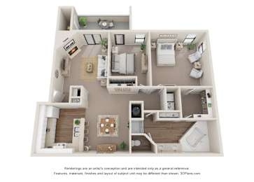 A 3D floor plan of a house with a living room, kitchen, dining room, and bedrooms.
