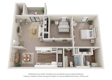 A 3D floor plan of a house with a kitchen, living room, and bedrooms.