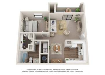 A 3D floor plan of a house with a kitchen, living room, and bedrooms.